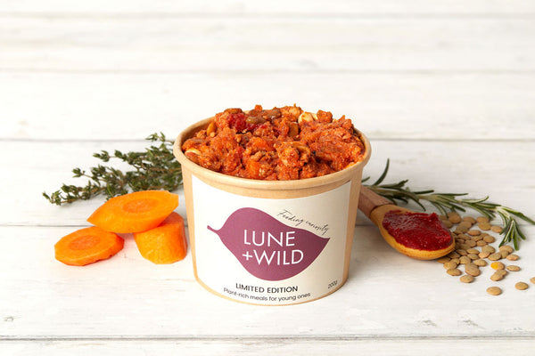 organic pork and lentils in a rich tomato ragu, nutritionally optimised to be a healthy meal for toddlers
